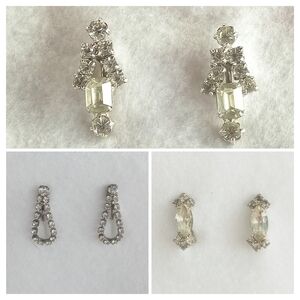 3 Pairs Of VTG Clip-on & Screwback  Rhinestone Earrings Clear Silvertone